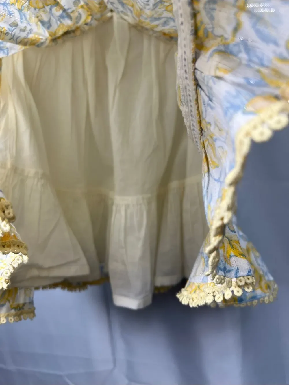 Sincerely Jules white yellow blue floral print ruffle dress with gold accents